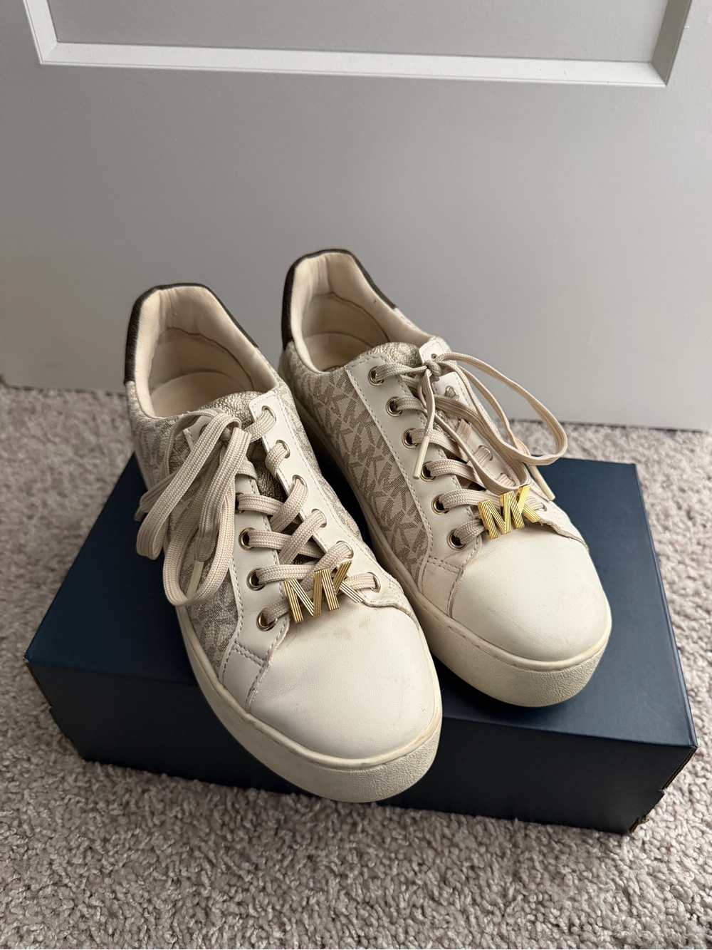 Michael Kors Cream Logo Lace-Up Sneakers with Gold MK Charm